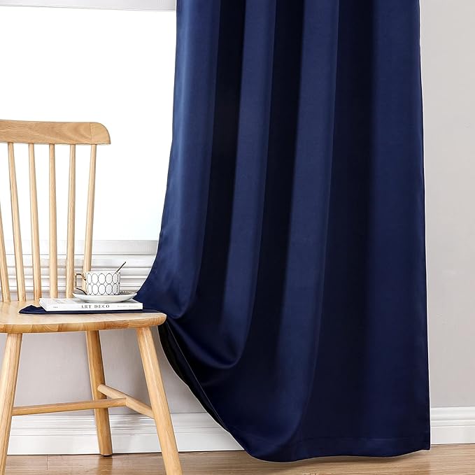 ChrisDowa 100% Blackout Curtains 63 inch Long for Bedroom with Black Liner, Extra Wide 2 Thick Layers Total Blackout Thermal Insulated Grommet Window Curtains 2 Panels Set (Navy Blue, 60 x 63 Inch)