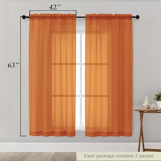 Sheer Orange Curtains for Bedroom Living Room 63 Inch Length 2 Panels, Airy Soft Light Filtering Sheer Dining Room Curtains, Modern Rod Pocket Drapes, Orange, Each 42" Wx63 L Inches
