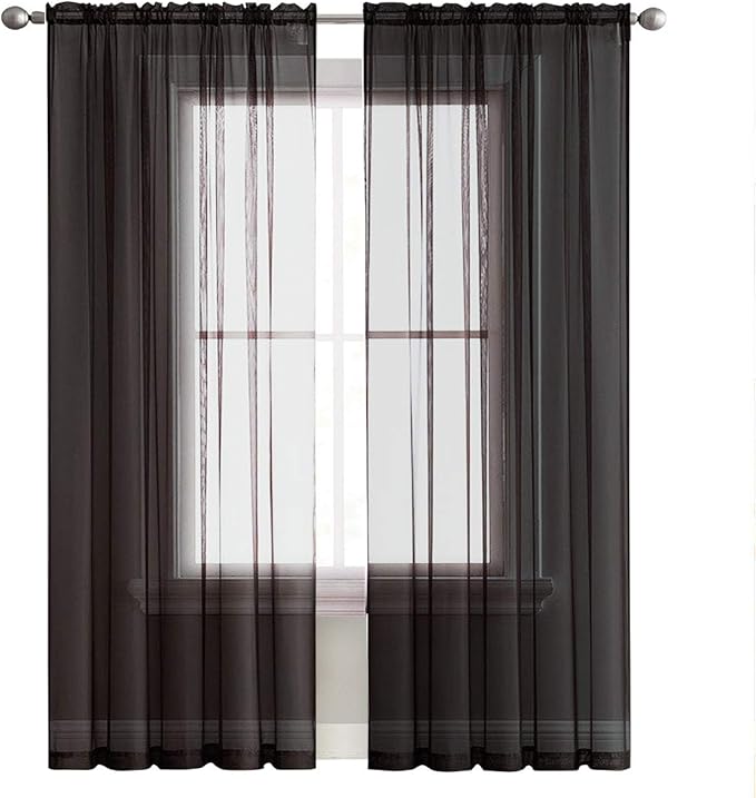 SpaceDresser Basic Rod Pocket Sheer Voile Window Curtain Panels White 1 Pair 2 Panels 60 Width 63 Inch Long for Kitchen Bedroom Children Living Room Yard(Black,60 W x 63 L)