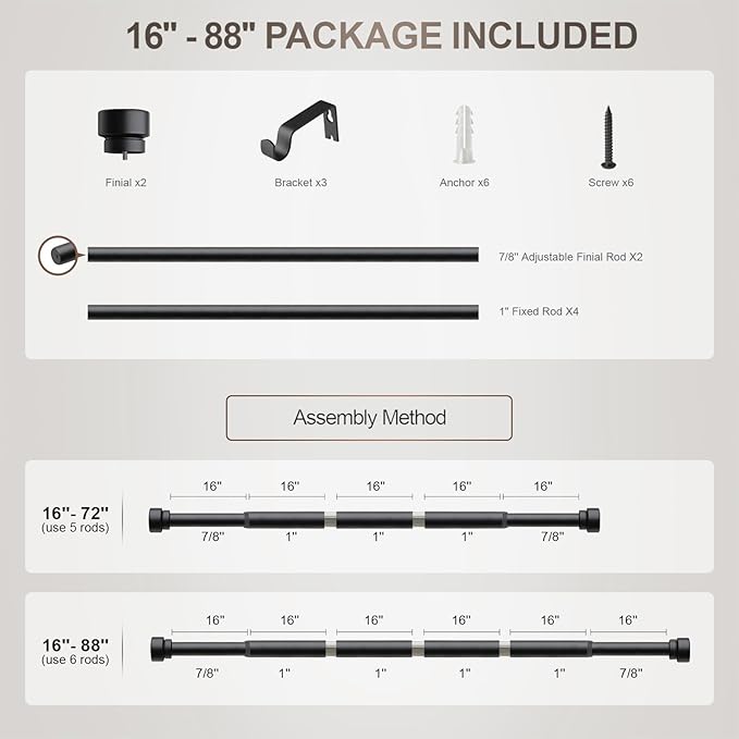 Lootkell Modern Matte Black Curtain Rods for Windows 48 to 84 Adjustable Length Heavy Duty 1" Diameter Window Curtain Rod with Solid Metal Finials for Outdoor Farmhouse Bedroom Kitchen Living Room