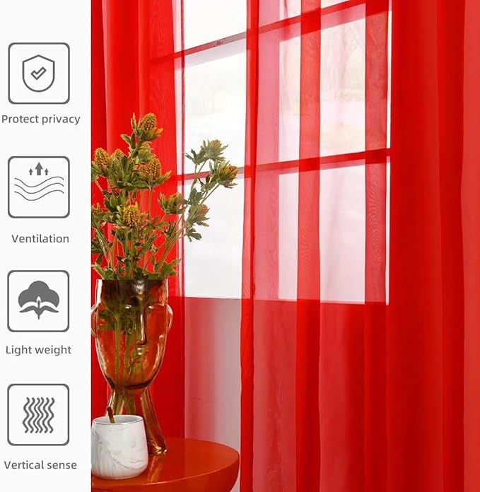 youleyar Solid Sheer Rod Pocket Curtain Voile Draperies 2 Panels White Beige Black Red Coffee 70 Inch Width 84 Inch Long 1 Pair for Kitchen Bedroom Children Living Room Yard(Red,70Wｘ84L)