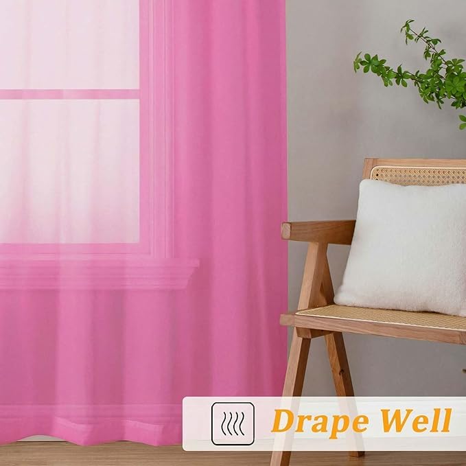 Gwine Short Kitchen Sheer Curtains 36 Inch Length - Light Filtering Voile Small Half Window Curtain for Basement, Rod Pocket Cafe Curtains for Bathroom Cabinet, 42Wx36L Inch, 2 Panels, Hot Pink