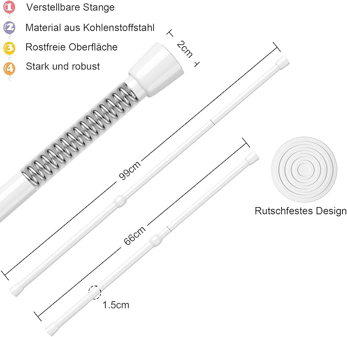 AIZESI Spring Tension Rods Adjustable Tension Curtain Rod Small Tension Rod No Drilling Expandable Spring Loaded Curtain Tension Rod（White,26" to 39"-4Pcs)