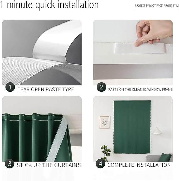 Blackout Curtains for Bedroom Sticky Curtain Blackout Window Cover Self Adhesive Curtains Rod No Drillng, 47" W X 96" L, Dark Green, 1 Panel