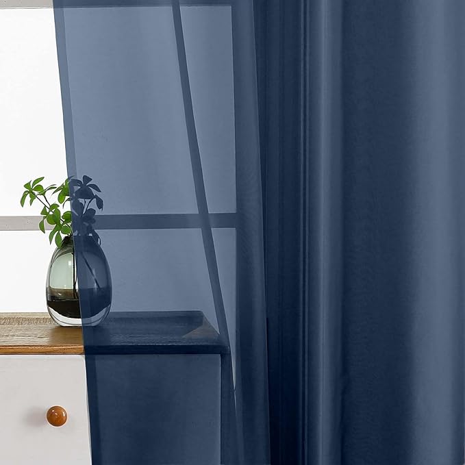 Navy Blue Window Sheer Curtains 45 Inches Length, Voile Short Curtains for Living Room Bedroom, Modern Soft Window Drapes 2 Panels Set, Top Dual Rod Pocket Design, 2x42Wx45L Inches