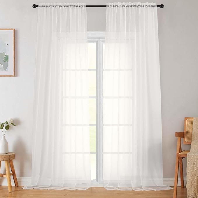 Extra Long Sheer Ivory Curtains for Bedroom Living Room 108 Inches Long 2 Panels Set, Solid Soft Light Filtering Rod Pocket Sheer Window Curtains, Ivory, Each 42" Wx108 L Inch