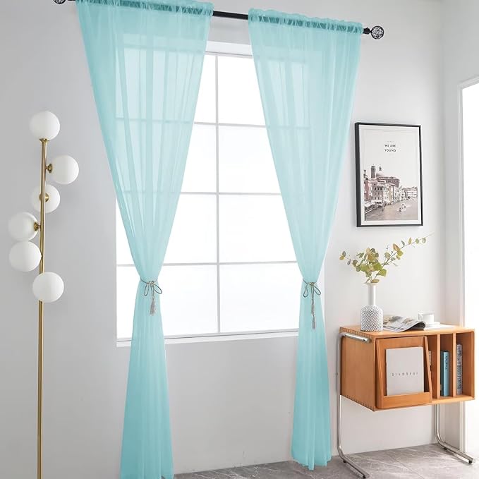 SpaceDresser Basic Rod Pocket Sheer Voile Window Curtain Panels Sky Blue 1 Pair 2 Panels 52 Width 63 Inch Long for Kitchen Bedroom Children Living Room Yard（Sky Blue, 52W x 63L）