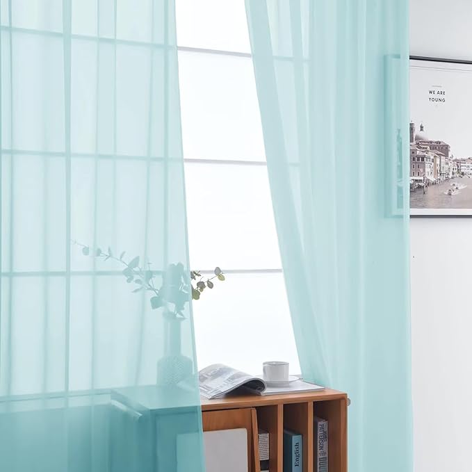 SpaceDresser Basic Rod Pocket Sheer Voile Window Curtain Panels Sky Blue 1 Pair 2 Panels 52 Width 63 Inch Long for Kitchen Bedroom Children Living Room Yard（Sky Blue, 52W x 63L）