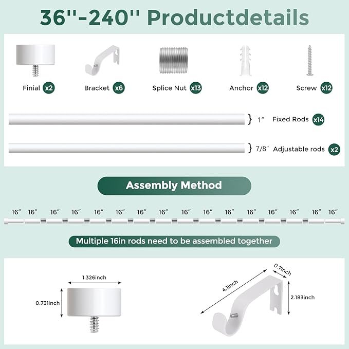 White Curtain Rods for Windows 36 to 240 Inch(3-20 Feet),1" Diameter Rods with Modern Style End Cap Finials,Size:36-240 Inch