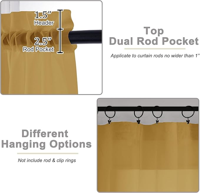 Sheer Gold Curtains for Bedroom Living Room 54 Inch Length 2 Panels Set, Solid Soft Airy Light Filtering Window Treatments, Modern Rod Pocket Drapes, Gold, 42" Wx54 L Inches