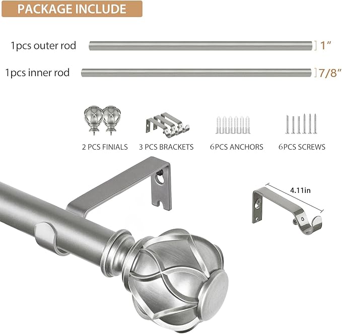 KAMANINA 1 Inch Curtain Rod Telescoping Single Drapery Rod 36 to 72 Inches (3-6 Feet), Antique Silver Curtain Rods for Windows 24 to 68 Inches, Netted Texture Finials