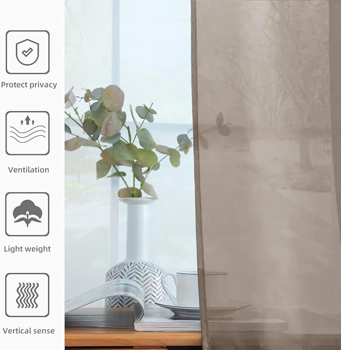youleyar Solid Sheer Rod Pocket Curtain Voile Draperies 2 Panels White Beige Black Grey Ivory 52 Inch Width 45 Inch Long 1 Pair for Kitchen Bedroom Children Living Room Yard (Taupe,52Wｘ45L)