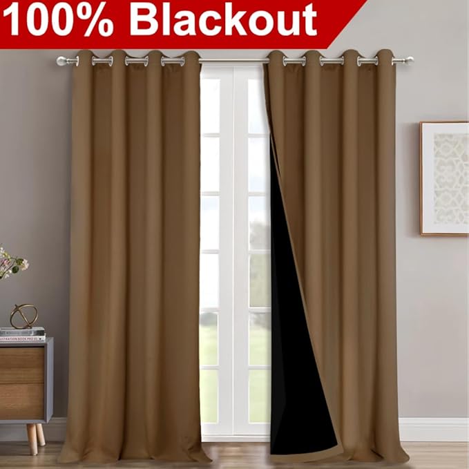 NICETOWN 100% Blackout Blinds, Set of 2, 46" x 102", Gold Brown, Laundry Room Decor Window Treatment Curtains for Large Patio Sliding Door, Thermal Insulated Curtains for Bedroom