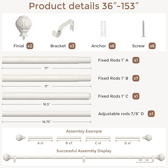 Antique White Curtain Rods for Windows 72 to 144 Inch, Adjustable Vintage Decorative 1'' Long Heavy Duty Curtain Rod, Rustic Farmhouse Drapery Pole Set with Boho Netted Texture Flower Finials