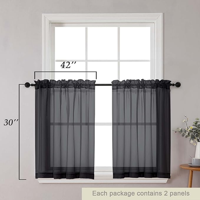Black Kitchen Curtains 30 Inch Length Tier 2 PCS, Solid Soft Airy Half Curtains for Windows, Black Sheer Rod Pocket Drapes for Bathroom Basement Small Window, 42" Wx30 L Inches