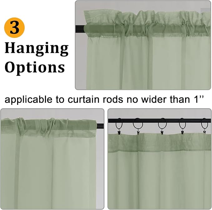 Gwine Sage Green Sheer Curtains 63 Inch Length for Living Room 2 Panels, Light Filtering Rod Pocket Window Curtain Treatment for Bedroom, Voile Elegant Sheer Drapes，Each 42" Wx63 L, Sage Green