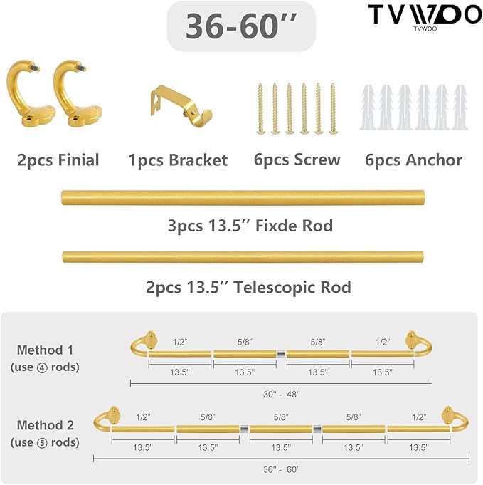 TVWOO Gold Wrap Around Curtain Rods:5/8" Small Blackout Adjustable Window Curtain Rod for Bedroom Kitchen Apartment Renter Friendly,Room Darkening Curved Drapery Rods Easy Install,Brass Golden 28-60"