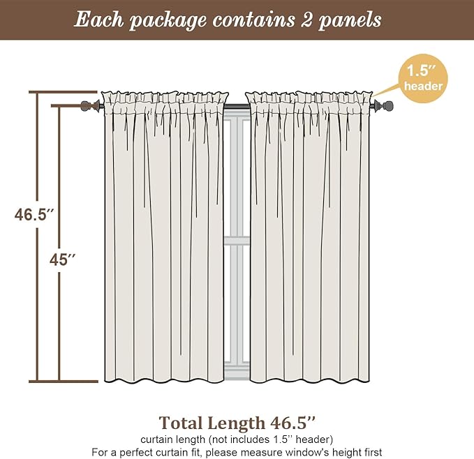 Chyhomenyc Black Short Curtains 45 Inch Length 2 Panels, Light Filtering Leaf Textured Window Curtain Panels for Bedroom Living Room, Elegant Rod Pocket Farmhouse Curtains, 30" Wx45 L, 2 PCS