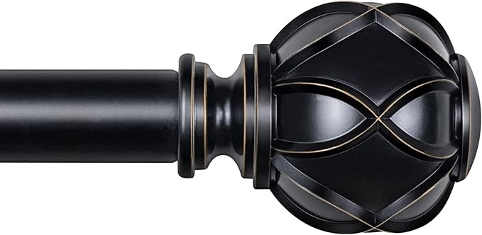 KAMANINA 1 Inch Curtain Rod Telescoping Single Drapery Rod 36 to 72 Inches (3-6 Feet), Black Curtain Rods for Windows 24 to 68 Inches, Netted Texture Finials