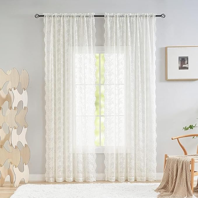 YJ YANJUN Vintage Lace Curtains - Fancy Flower Pattern Ivory 102 Inch Long Curtain Panels for for Patio Sliding Door Bedroom Counrty Cream Light Filtering Drapes 2 Panels Set,52x102 Inch Off White