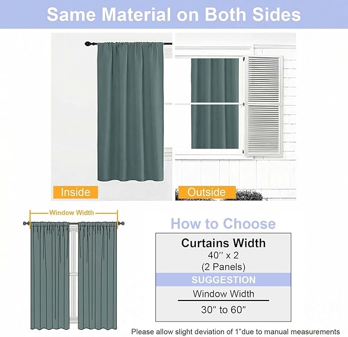 Simplebrand Ava Dark Green Short 36 Inches Blackout Curtain 2 Panels Set, Half Window Rod Pocket Privacy Curtain Tiers for Kitchen, Curtains Blackout for Bathroom Shades, W40 x L36 Inch, Dark Green