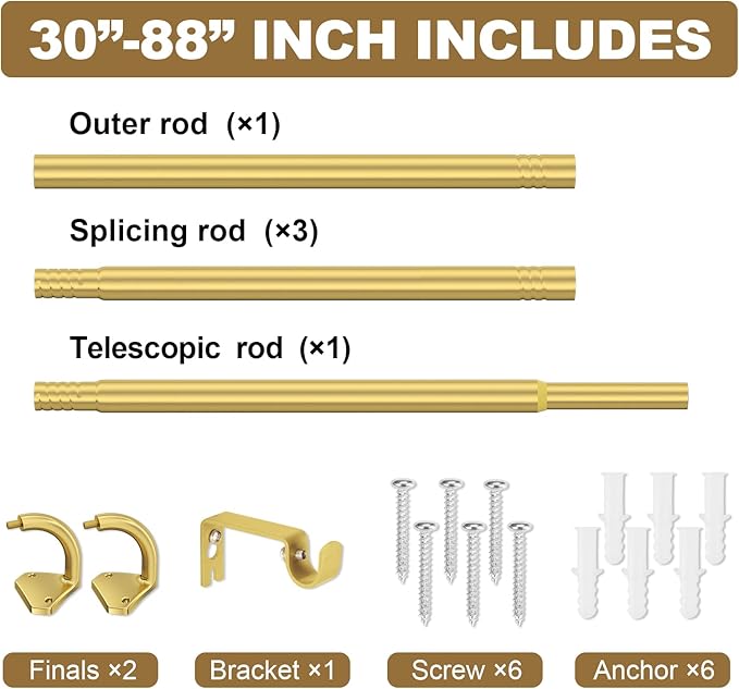 GXOACKJ Gold Curtain Rods for Windows 48 to 84 inch, 5/8 inch Adjustable Wrap Around Blackout Curtain Rods for Bedroom & Outdoor