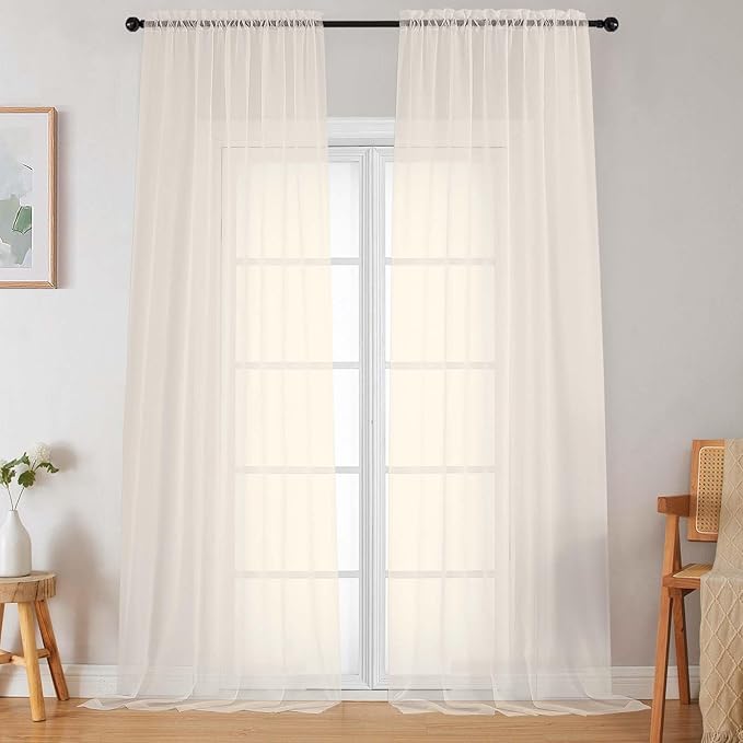 Extra Long Sheer Cream Curtains for Bedroom Living Room 120 Inches Long 2 Panels Set, Solid Soft Light Filtering Rod Pocket Sheer Window Curtains, Cream, Each 42" Wx120 L Inch
