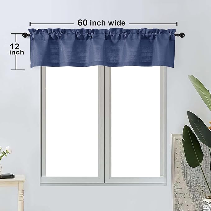 OWENIE Bob 1 PCS Blue Valances for Windows, Faux Linen Textured Kitchen Window Curtains Valance for Bedroom Living Room, Modern Soft Airy Solid Rod Pocket Bathroom Cafe Curtain, 60Wx12L Inch