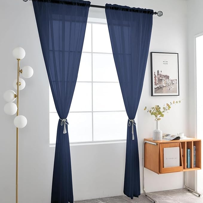 SpaceDresser Sheer Voile Window Treatment Rod Pocket Curtain Panels for Kitchen Bedroom Living Room Drapes Sunlight Filtering Privacy Semi Home Decor Assorted Colors Sizes (Navy, 52 W x 72 L)