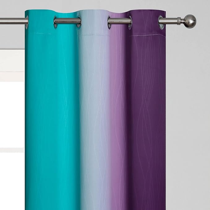 Estelar Textiler Ombre Teal and Purple Blackout Curtains 45 Inch Length 2 panels, Grommet Thermal Insulated Gradient Drapes for Kids Room, Full Light Blocking Blackout Curtains for Bedroom, 42x45 Inch