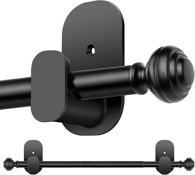 KAMANINA No Drill Curtain Rods for Windows 32 to 58 Inches, 5/8 Inch Renter Friendly Curain Rod Adjustable Drapery Rod with 3M Adhesive Brackets without Drilling, Black