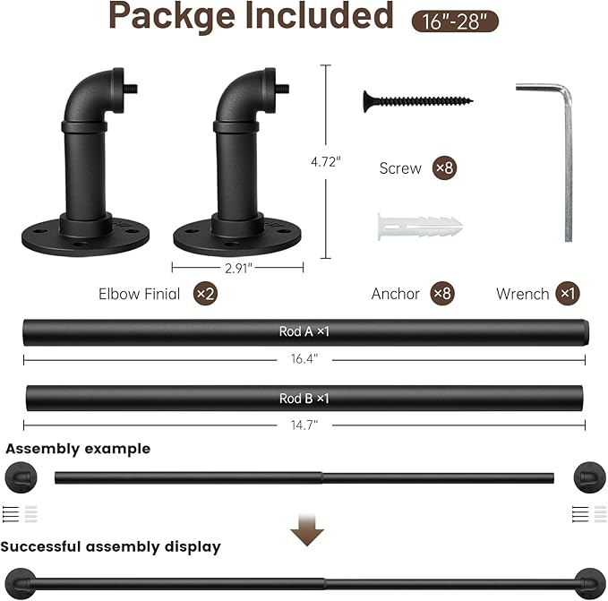 Zeerobee Curtain Rods for Windows 16 to 28, 1 Inch Industrial Wrap Around Black Curtain Rod, Indoor/Outdoor Room Divider Adjustable Drapery Pole, 16"-28"
