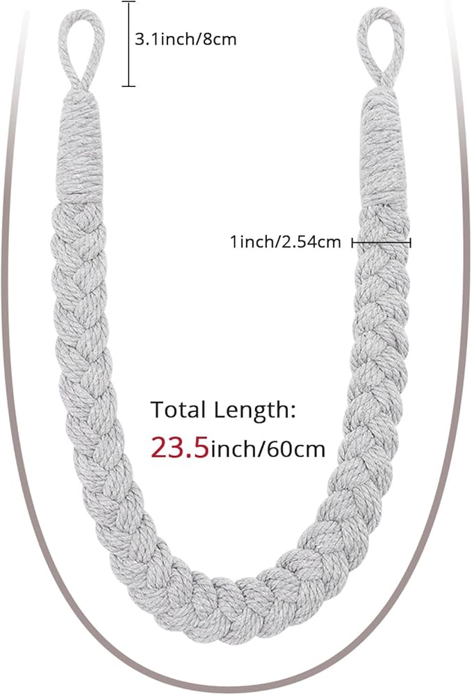 NICEEC 4 Pack Natural Cotton Rope Curtain Tiebacks Elegant Boho Style Decorative Drape Tie Backs Soft Hand-Woven Rope Curtain Holdbacks with Metal Hook for Home & Office Drapery (Light Grey)