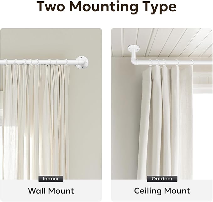 Zeerobee Curtain Rods for Windows 32 to 48, 1 Inch Industrial Wrap Around White Curtain Rod, Indoor/Outdoor Room Divider Adjustable Drapery Pole, 32"-48"