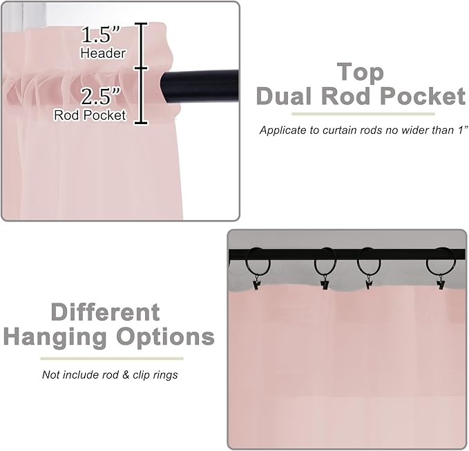 Sheer Blush Curtains for Bedroom Living Room 63 Inch Length 2 Panels, Airy Soft Light Filtering Sheer Dining Room Curtains, Modern Rod Pocket Drapes, Blush, Each 42" Wx63 L Inches