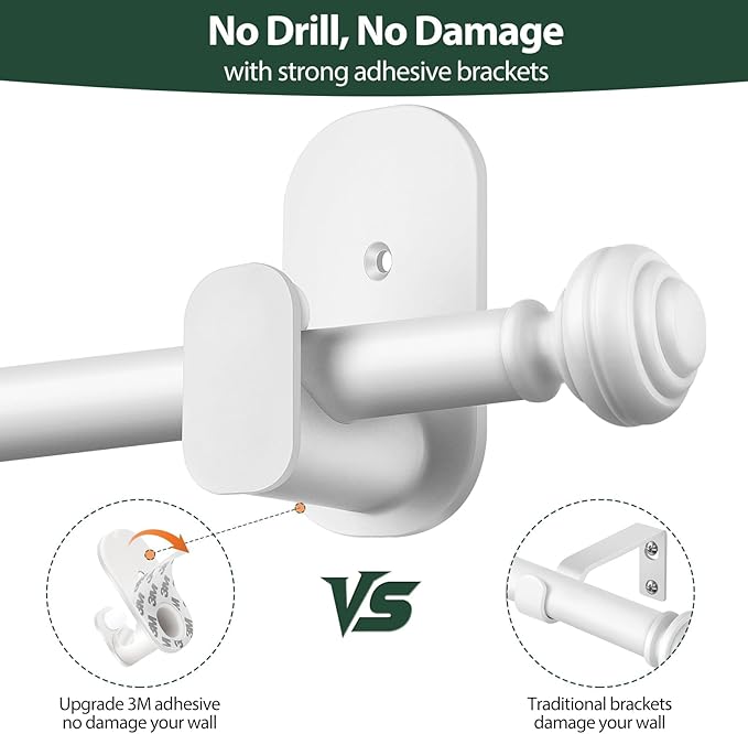 KAMANINA Curtain Rods No Drilling for Windows 16 to 30 Inches, 5/8 Inch Small Curtain Rod for Door Screwless with Adhesive Brackets without Drilling, White