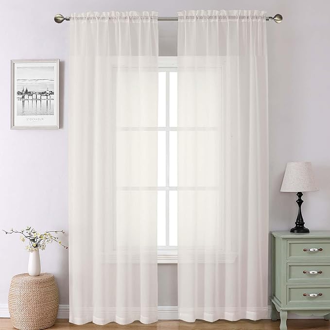 Lecloud Ivory Sheer Curtains 90 Inches Long 2 Panels, Elegant Light Filtering Voile Breathable Curtains, Solid Window Treatments with Dual Rod Pocket for Dining Room Bedroom, Each 42" W x 90" L