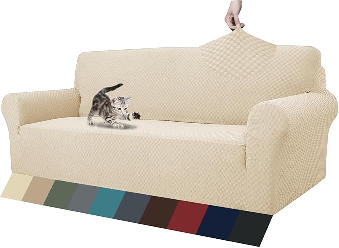 ZNSAYOTX 1 Piece Jacquard Couch Covers for 3 Cushion Couch Living Room High Stretch Sofa Cover Pets Dogs Friendly Anti Slip Thickened Slipcovers Furniture Protector (Sofa, Light Biege)