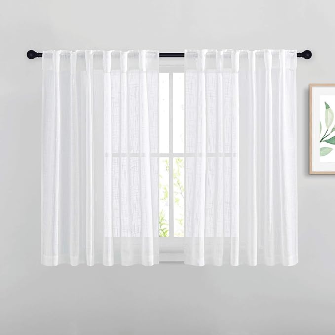 NICETOWN White Sheer Bathroom Curtains Window Treatments, Rod Pocket & Back Tab Semi Sheer Faux Linen Privacy with Light Filtering Drapes for Bedroom, W52 x L48, 2 Panels