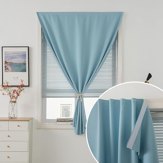 Self Adhesive Curtains, Black Out Shade for Window, Blackout Fabric Temporary Window Coverings Easy to Hang Curtains No Rod Needed, Use for Bedroom, Room, Kitchen, 35"W X 79"L, Lake Blue, 1 Panel