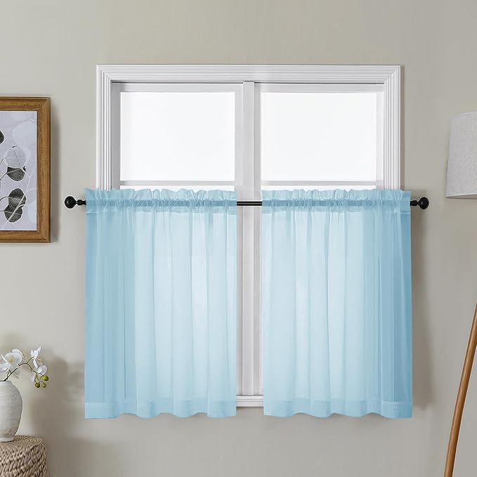 Gwine Sky Blue Sheer Curtains 30 Inch Length, Short Light Filtering Voile Small Cafe Kitchen Curtains with Rod Pocket, Short Curtain for Bathroom Window, 42x30 Inch, 2PCS