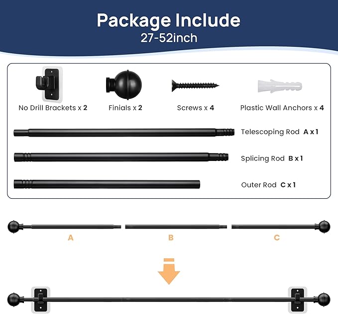 ENJOYBASICS No Drill Curtain Rods for Window 28 to 47 Inches, 5/8 Inch Diameter Renter Friendly Drapery Rod with Adhesive Brackets without Drilling, Adjustable from 27 to 52 Inches, Black