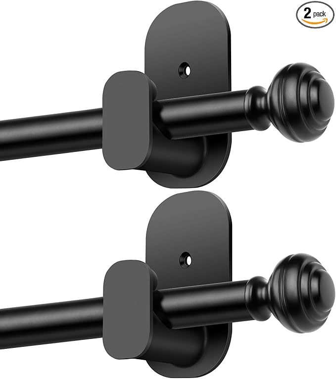 KAMANINA Curtain Rods No Drilling for Windows 16 to 30 Inches, 5/8 Inch Adjustable Small Curtain Rod 2 Pack No Screw with 3M Adhesive Brackets without Drilling, Black