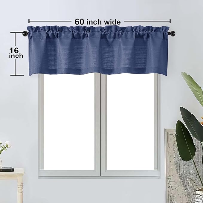 OWENIE Bob 1 PCS Blue Valances for Windows, Faux Linen Textured Kitchen Window Curtains Valance for Bedroom Living Room, Modern Soft Airy Solid Rod Pocket Bathroom Cafe Curtain, 60Wx16L Inch
