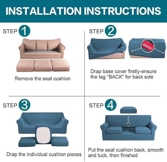 Turquoize 4 Piece Sofa Covers for 3 Cushion Couch Sofa Slipcover Soft Couch Cover for Dogs Washable Furniture Cover with 3 Individual Large Cushion Covers Feature Fabric (Large Sofa, Dusty Blue)
