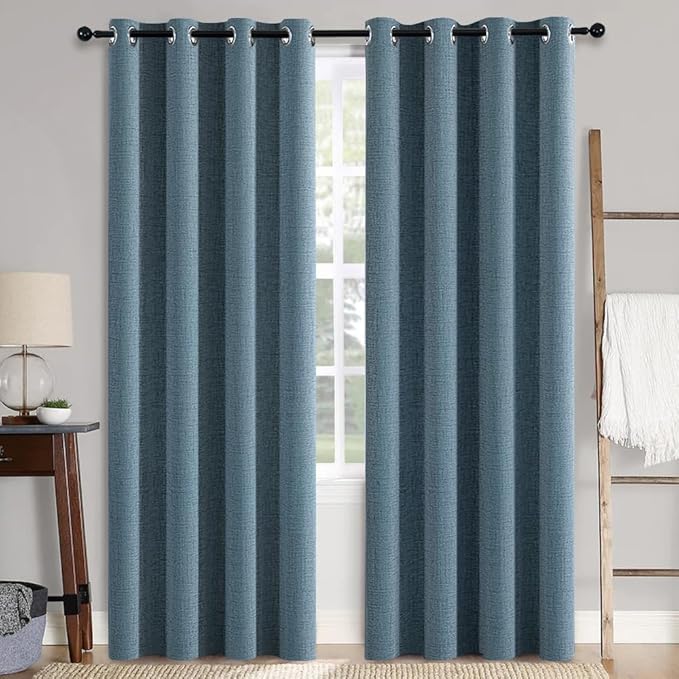 MIULEE Linen Texture Curtains for Bedroom Solid 100% Blackout Thermal Insulated Dusty Blue Curtains Grommet Room Darkening Drapes Luxury Decor for Living Room Nursery 52x96 Inch (2 Panels)