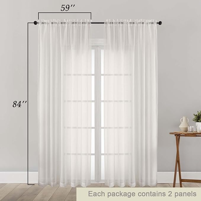 Ivory Sheer Curtains 84 Inches Long 2 Panels Set for Bedroom Living Room, Soft Airy Light Filtering Modern Solid Rod Pocket Drapes Window Treatments, Ivory, Each 59" W x 84" L