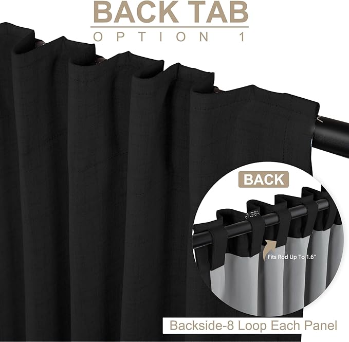 100% Blackout Shield Linen Blackout Curtains for Bedroom 96 Inches Long, Back Tab/Rod Pocket Living Room Drapes, Thermal Insulated Blackout Curtains 1 Panel Set, 100" W x 96" L, Black