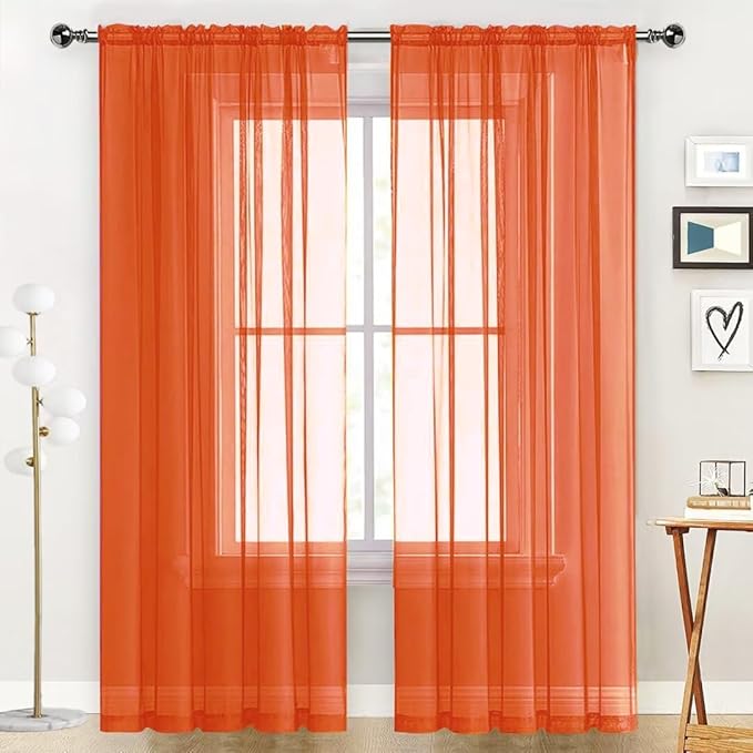 SpaceDresser Sheer Voile Window Treatment Rod Pocket Curtain Panels for Kitchen Bedroom Living Room Drapes Sunlight Filtering Privacy Semi Home Decor Assorted (Burnt Orange, 52 W x 84 L)