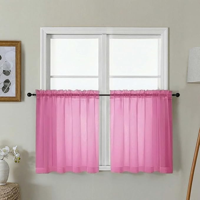 Gwine Short Kitchen Sheer Curtains 24 Inch Length - Light Filtering Voile Small Half Window Curtain for Basement, Rod Pocket Cafe Curtains for Bathroom Cabinet, 42Wx24L Inch, 2 Panels, Hot Pink